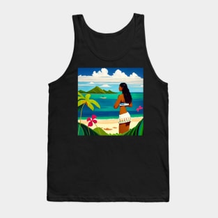 Hula Girl Hawaiian Luau Impressionist Painting Hawaii Island Floral Tank Top